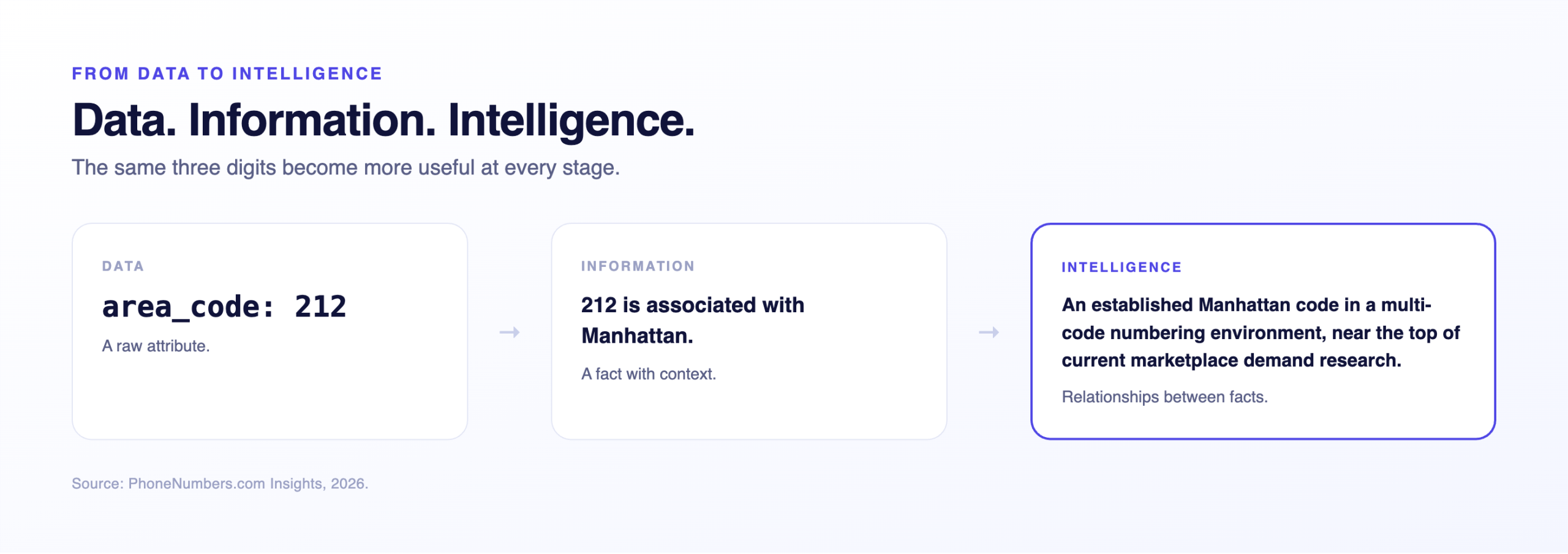 Three stages from raw data to information to intelligence using the 212 area code