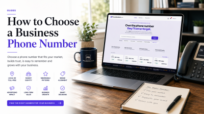 How to choose a business phone number: bright office desk with the PhoneNumbers.com marketplace on a laptop, a PN mug and a desk phone