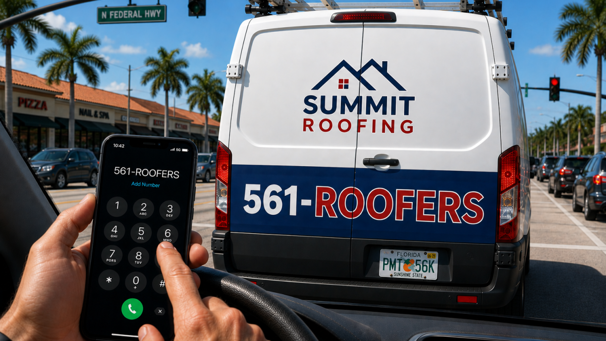 A driver dials 561-ROOFERS on a smartphone after reading the vanity number on the back of a roofing van at a red light