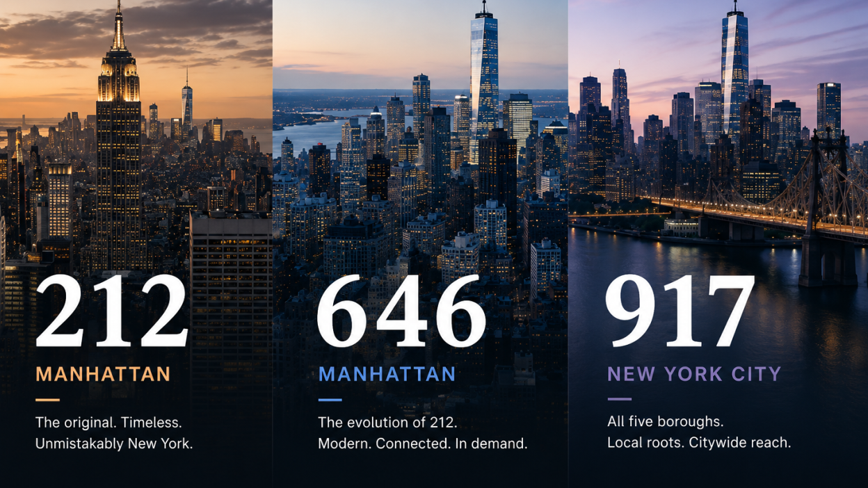 Triptych of New York skylines for the 212 Manhattan, 646 Manhattan and 917 New York City area codes