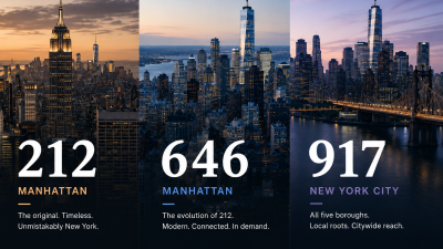 Triptych of New York skylines for the 212 Manhattan, 646 Manhattan and 917 New York City area codes