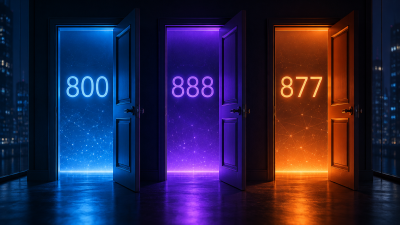 Three open doors glowing blue, purple and orange, labeled 800, 888 and 877, in a dark night office