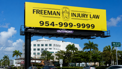 Yellow roadside billboard displaying the repeating phone number 954-999-9999 above a sunny Florida boulevard