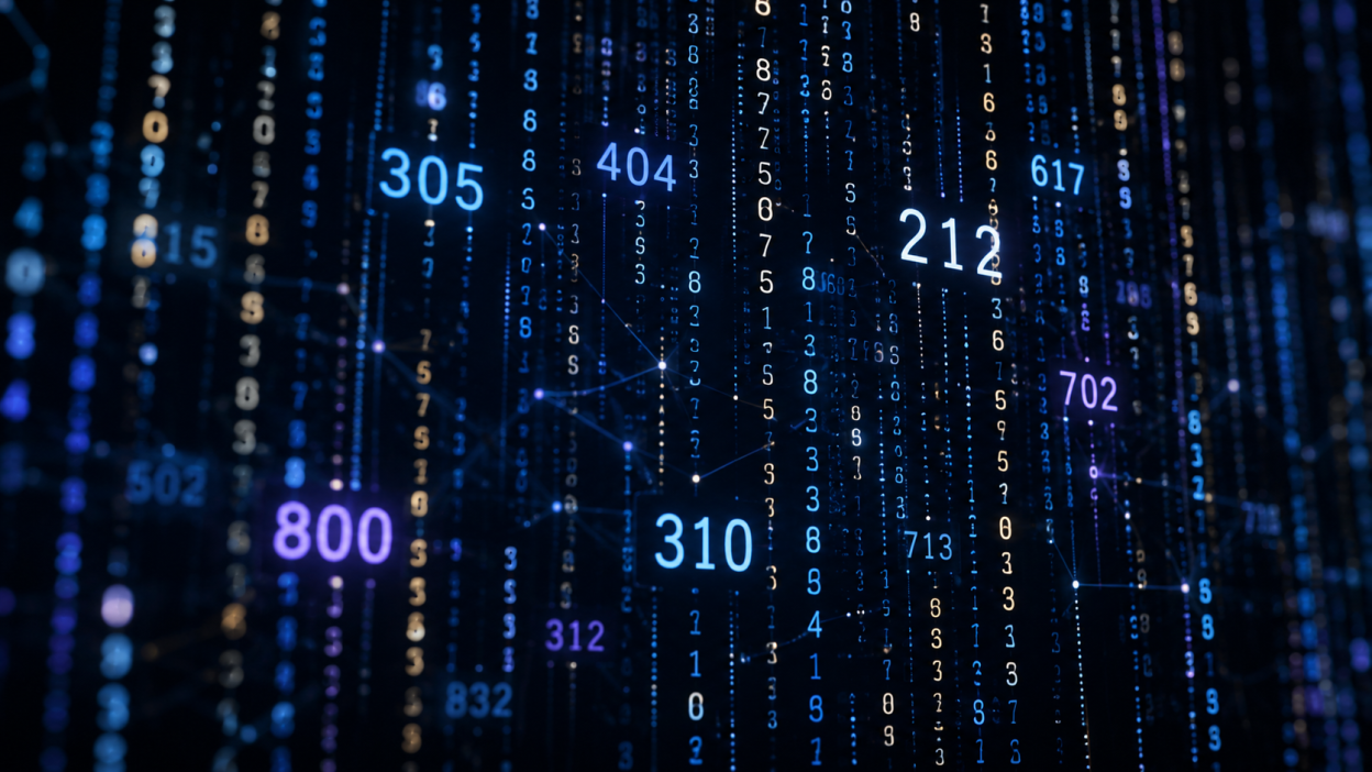 Glowing area codes including 212, 305, 404, 310, 800 and 702 emerging from streams of falling data