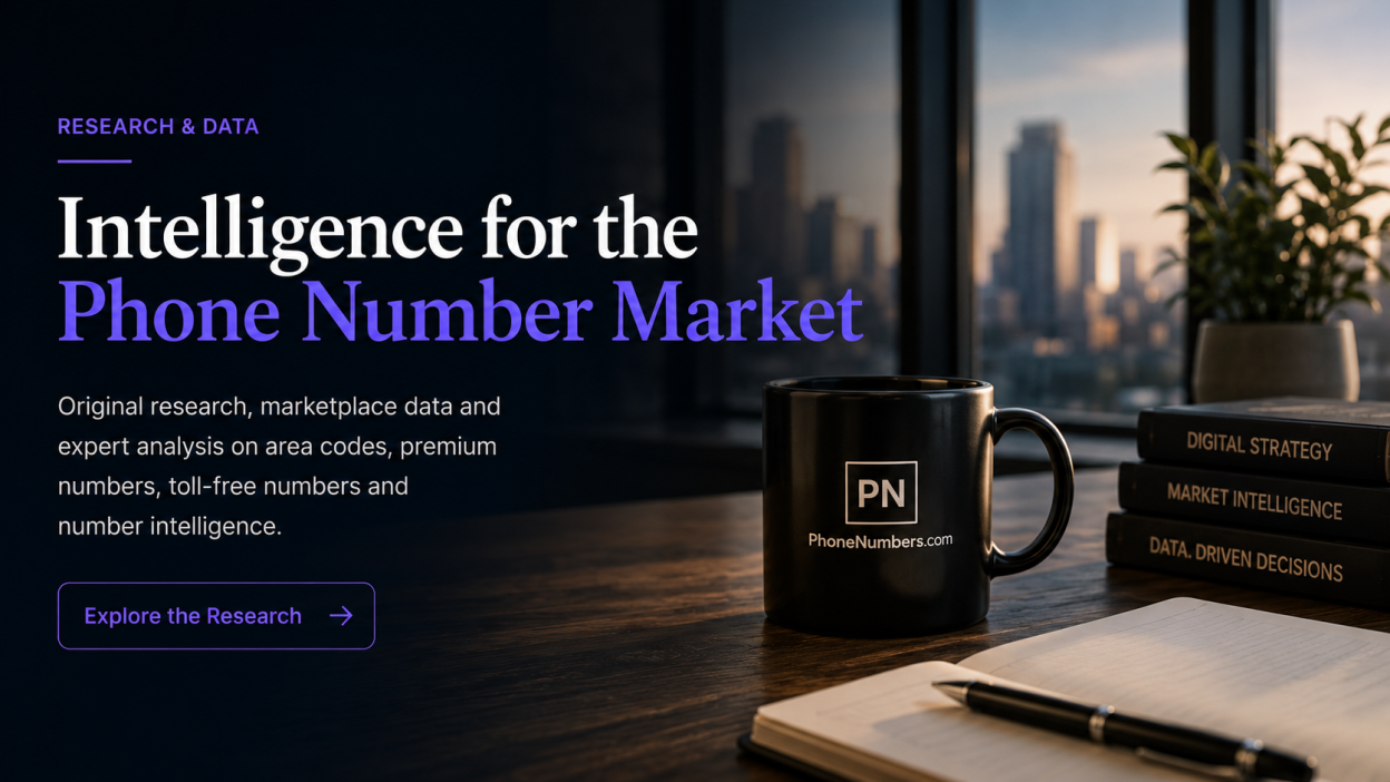 Intelligence for the phone number market: dark office desk at dusk with a PN mug, notebook and city skyline