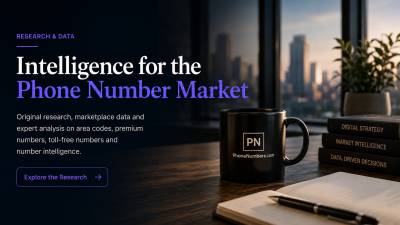 Intelligence for the phone number market: dark office desk at dusk with a PN mug, notebook and city skyline