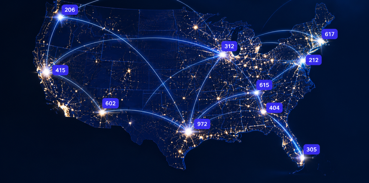 Night lights map of the United States with glowing connections between major markets and area code pills including 212, 305, 312, 415 and 972