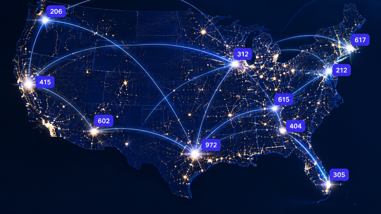 Night lights map of the United States with glowing connections between major markets and area code pills including 212, 305, 312, 415 and 972