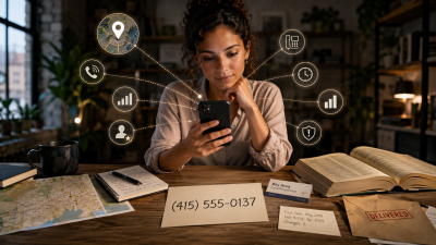 A woman researches a phone number on her smartphone, surrounded by signal icons, with a card showing the fictional number 415-555-0137 and a history note reading first seen May 2008, last active April 2024, six changes