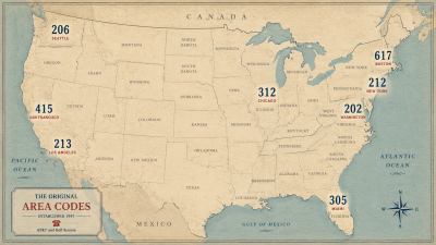 Vintage-style map of the United States showing original 1947 area codes including 206 Seattle, 415 San Francisco, 213 Los Angeles, 312 Chicago, 212 New York, 617 Boston, 202 Washington and 305 Miami