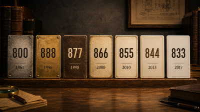 Seven plaques aging from weathered steel to clean white plastic, labeled with each toll-free prefix and its launch year from 800 in 1967 to 833 in 2017