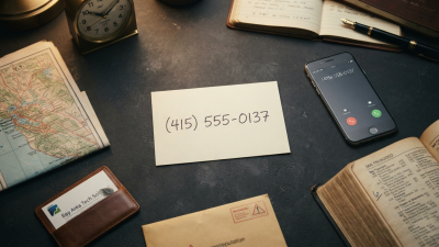 A handwritten card with the fictional number 415-555-0137 on a desk surrounded by a California map, a phone directory, a business card, an envelope and a ringing smartphone