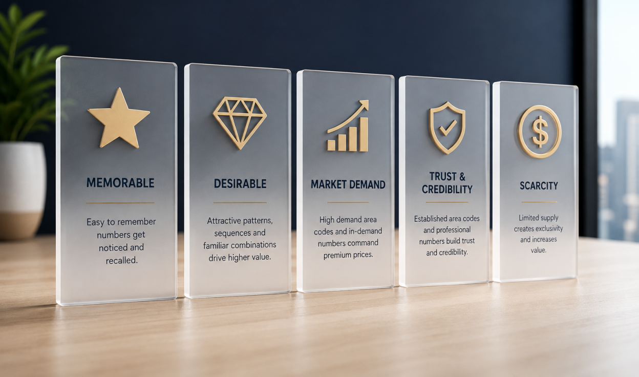 Five frosted glass panels with gold icons for memorable, desirable, market demand, trust and credibility, and scarcity
