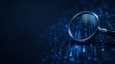 Magnifying glass resting on glowing blue data points
